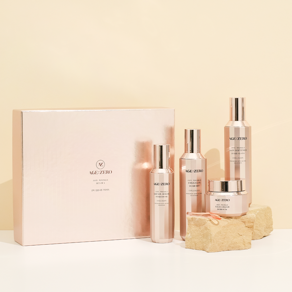 AGE ZERO Set of 4
Zestaw upominkowy zawierający 4 produkty (Skin Softener + Repair Serum + Emulsion + Rich Cream)